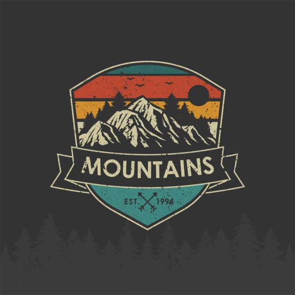 mountains, logo, badge, adventure, nature, landscape, forest, summer, sunrise, sunset, outdoors, label, shirt design, vintage, sticker, logo, logo, logo, logo, logo, sticker